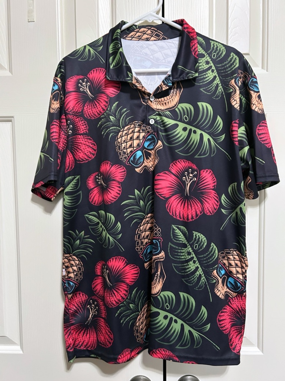 Men's Black Hawaiian Floral Polo Shirt with Pink Hibiscus Large Pineapple Skulls